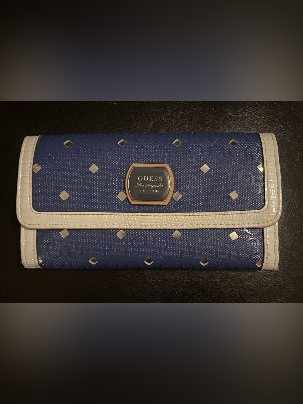 GUESS Blue and Cream/White Logo-Print Studded Wallet